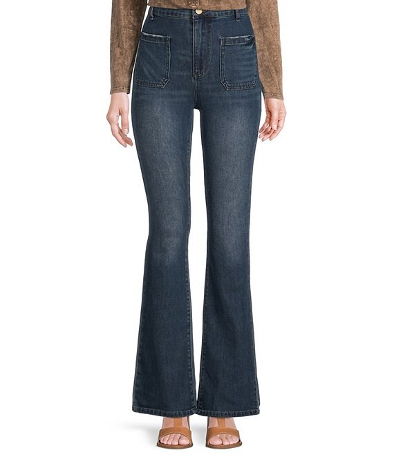 Color:Medium Wash - Image 1 - Patch Pocket Flare Leg High Rise Denim Jeans
