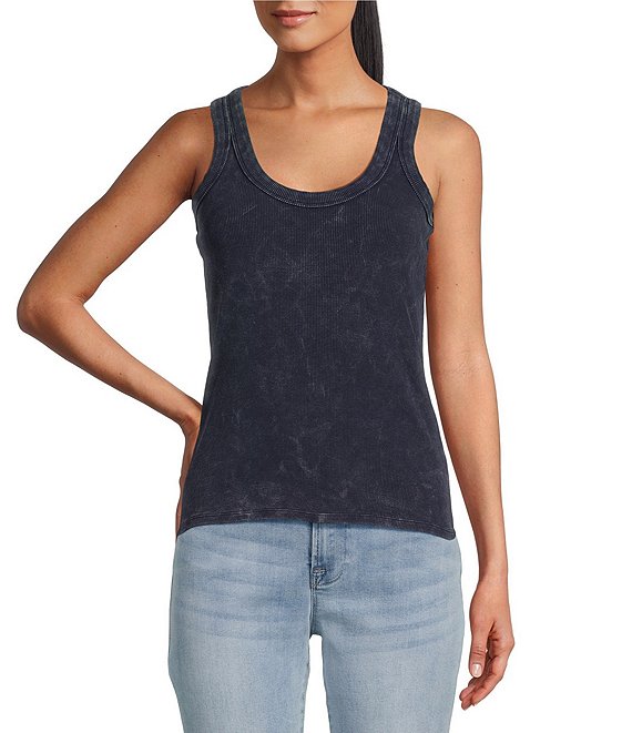 Color:Navy - Image 1 - Scoop Neck Ribbed Knit Sleevless Tank Top