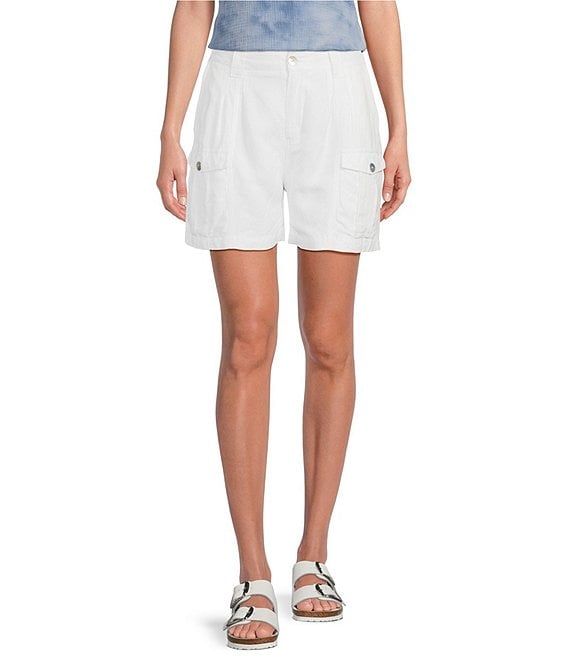 Color:White - Image 1 - Straight Hem Button Front Linen Cargo Shorts