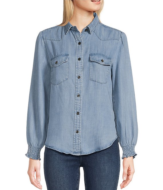 Color:Light Wash - Image 1 - Tencel Western Style Chambray Long Sleeve Button Front Shirt