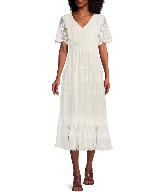 Reba Tiered Swiss Dot Lace V-Neck A-Line Midi Dress | Dillard's