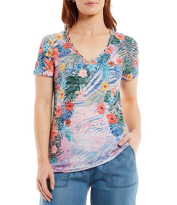 Color:Multi - Image 1 - V-Neck Burnout Tropical Floral Print Jersey Knit Stud Embellished Short Sleeve Tee