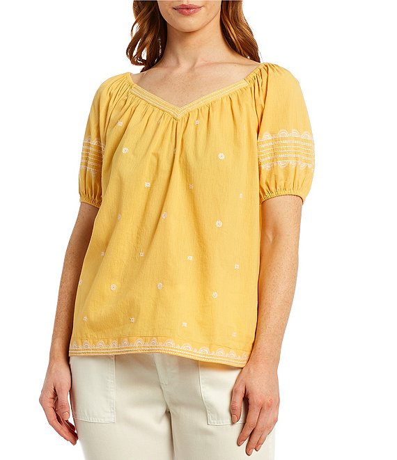 Color:Butter - Image 1 - V-Neck Embroidered Short Puff Sleeve Top