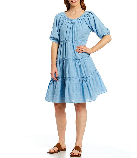 Color:Chambray - Image 1 - Yarn Dye Woven Scoop Neck Short Elbow Puff Sleeve Tiered Smocked A-Line Dress
