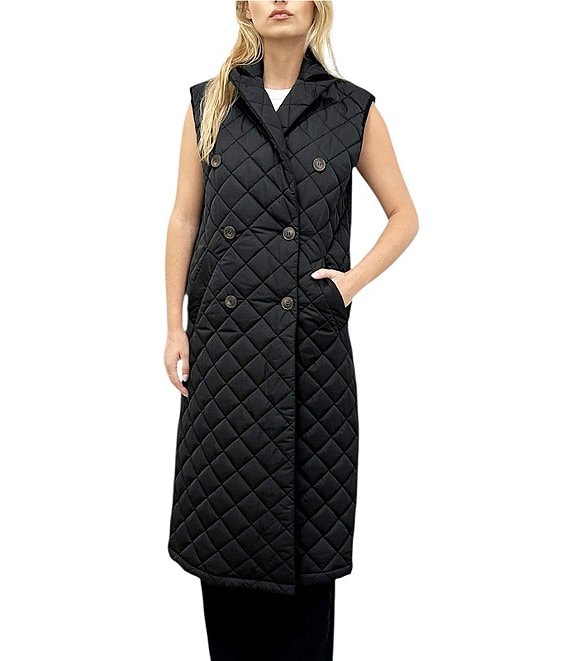 REBECCA MINKOFF Twill Quilted Notch Lapel Sleeveless Double Breasted Vest, Black - Image 1
