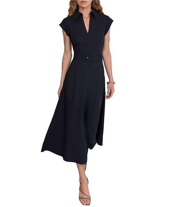 Reiss Woven Collared Cap Sleeve Belted Midi Dress