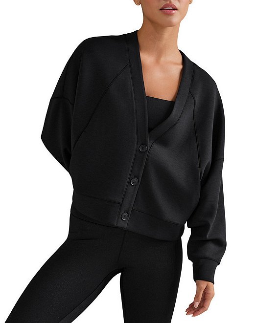 RHONE V-Neck Long Sleeve DreamGlow™ Cardigan Sweater, Pure Black Heather - Image 1