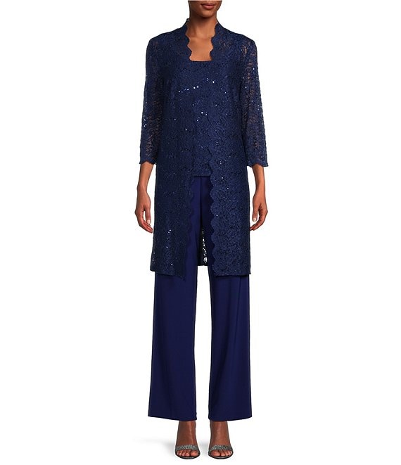 R & M Richards Sequin Glitter Scalloped Lace Scoop Neck 3/4 Sleeve 3-Piece Duster  Pant Set