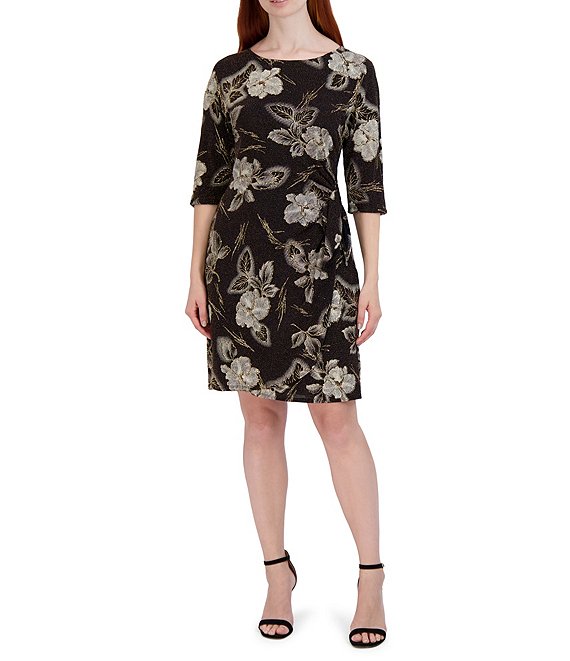 Robbie Bee 3/4 Sleeve Round Neck Floral Print Metallic Sheath Dress ...