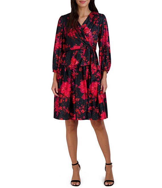 Color:Black/Red - Image 1 - Floral Print 3/4 Sleeve Surplice V-Neck Tie Waist Tiered Ruffle Hem Chiffon Dress