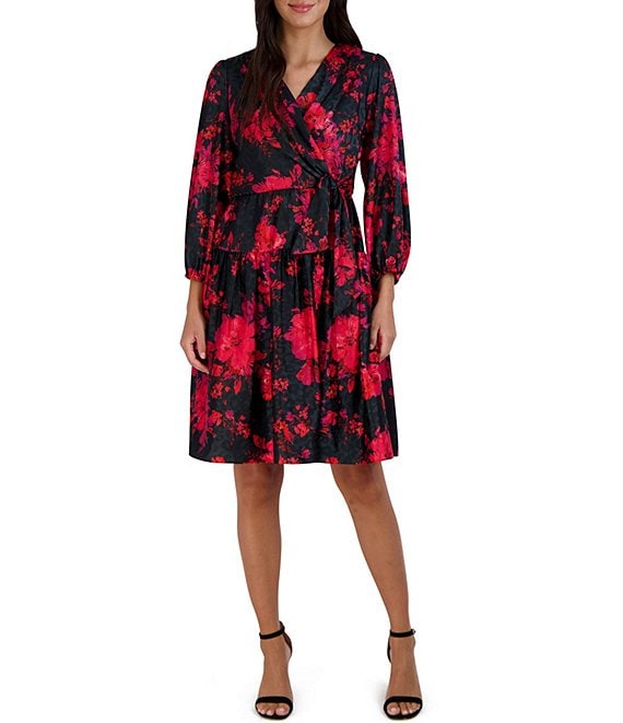 Color:Black/Red - Image 1 - Petite Size 3/4 Sleeve Surplice V-Neck Tie Waist Floral Print Faux Wrap Dress