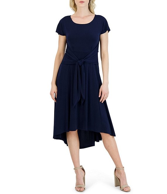 Color:Navy - Image 1 - Petite Size Short Sleeve Round Neck Tie Front Crepe Midi Dress