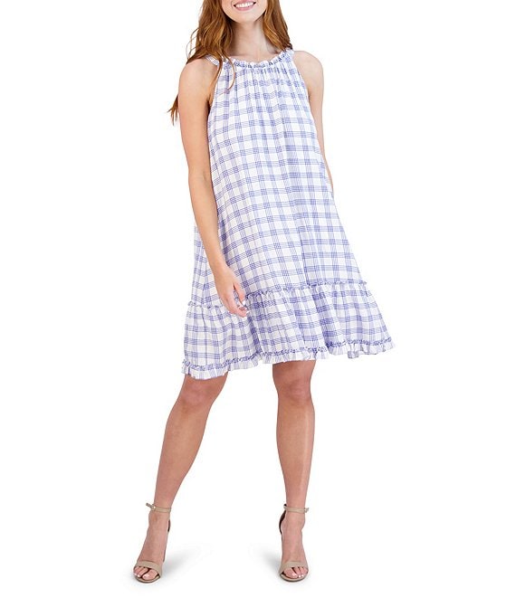 Color:Ivory/Blue - Image 1 - Check Print Sleeveless Halter Jewel Neck Tiered Shift Dress