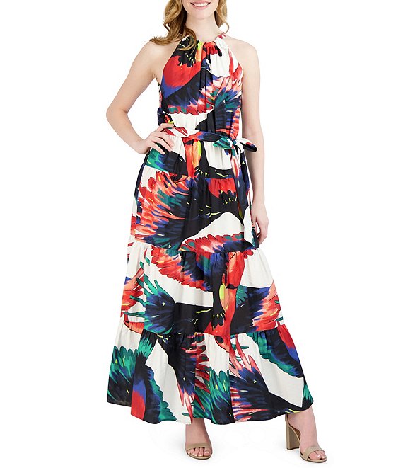 Color:Multi - Image 1 - Printed Sleeveless Halter Neck Tie Waist Maxi Dress