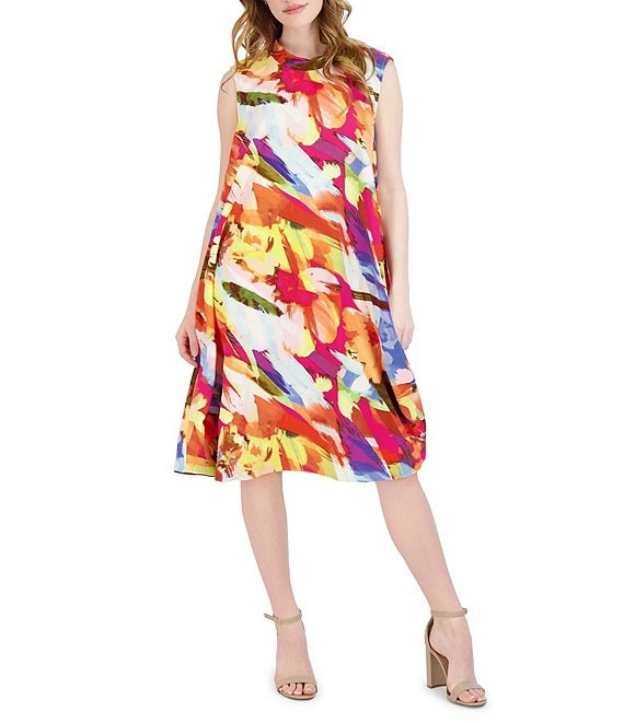 Color:Multi - Image 1 - Printed Sleeveless Mock Neck Bubble Crepe Shift Dress