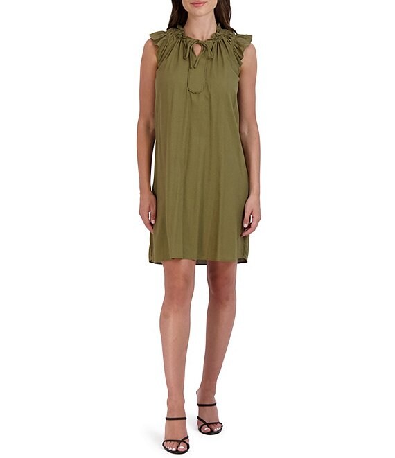 Color:Olive - Image 1 - Ruffled Cap Sleeve Keyhole V-Neck Linen Shift Dress