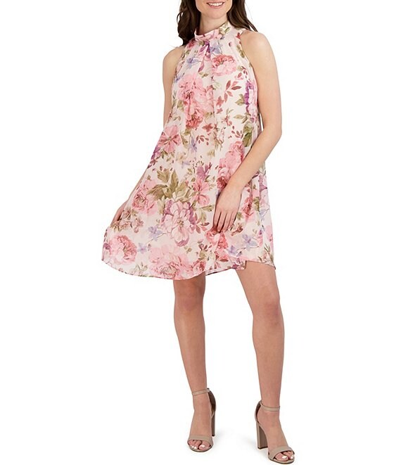 Color:Pink/Blush - Image 1 - Sleeveless Mock Neck Floral Print Shift Dress