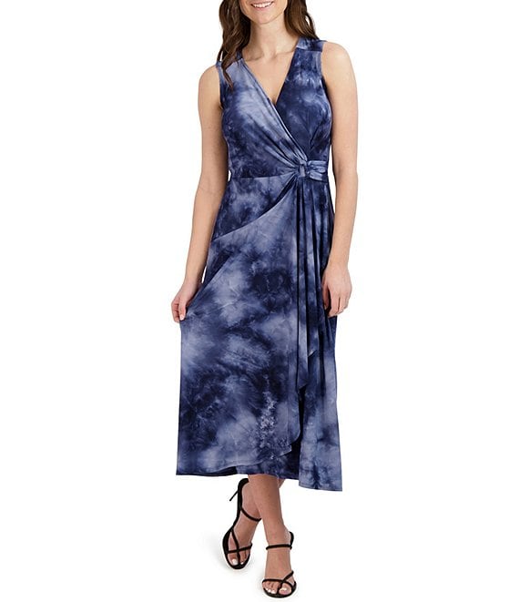 Robbie Bee Tie Dye Print Sleeveless V-Neck Faux Wrap Dress | Dillard's