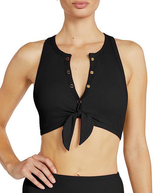 ROBIN PICCONE Amy Ribbed Tie-Front Racer Bra Back Swim Top