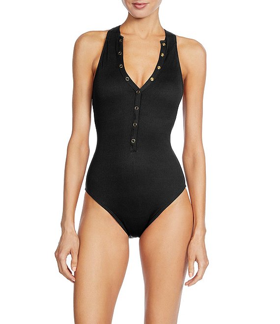 ROBIN PICCONE Amy Solid High V-Neck Open Back One Piece Swimsuit