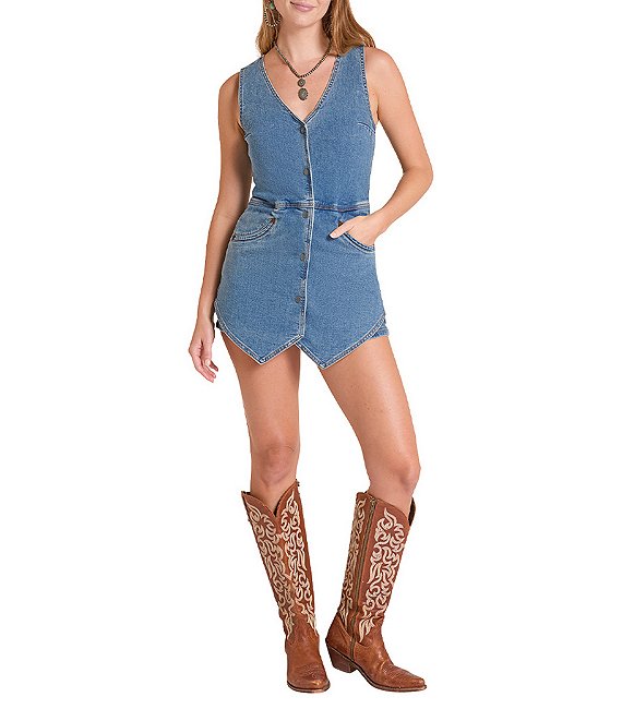 Rock & Roll Denim V-Neck Sleeveless Vest Romper