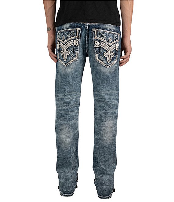 Rock Revival Braylon 32#double; Straight Leg Oversized-Fleur-De-Lis-Embroidered-Pocket Jeans