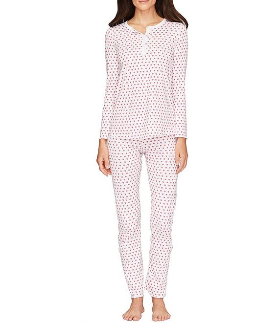 Color:Pink Heart Print - Image 1 - Family Matching Knit Heart Print Henley Pajama Set