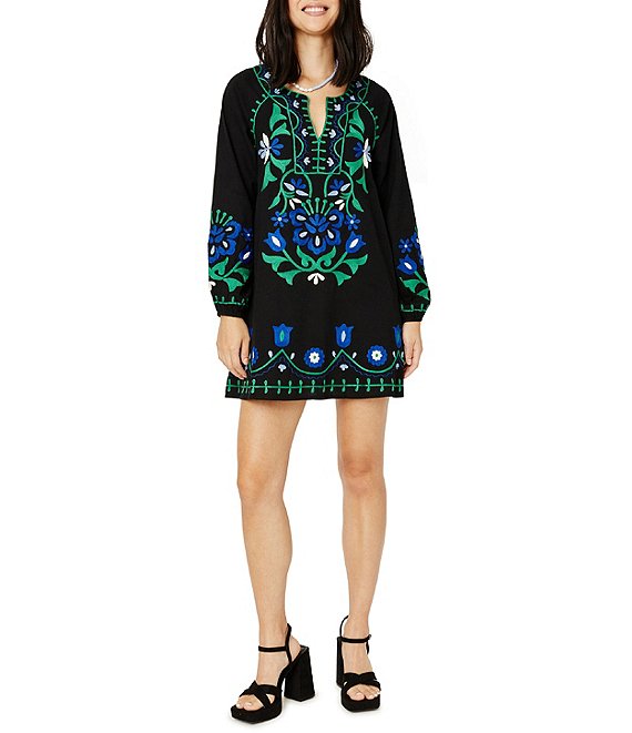 Color:Black - Image 1 - Lavandou Grace Floral Print Embroidered Long Sleeve Split V-Neck Mini Shift Dress