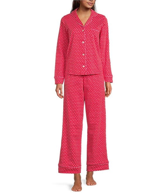 Color:Red - Image 1 - Red Heart Print Long Sleeve Notch Collar Pajama Set