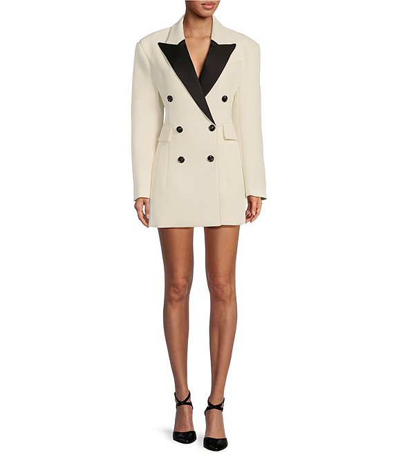 Color:Pearl/Jet Black - Image 1 - Atticus Contrast Trim Peak Lapel Wing Collar Long Sleeve Double Breasted Jacket Dress