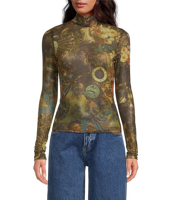 RONNY KOBO Lorden Baroque Print Mesh Knit Turtleneck Long Sleeve Shirt