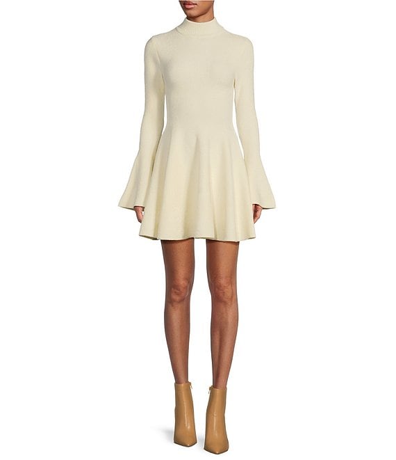 Color:Eggshell - Image 1 - Wynne Solid Chenille Knit Mock Neck Long Bell Sleeve Fit and Flare Mini Dress