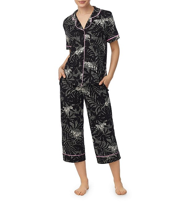 Room Service Cozy Jersey Knit Tiger Print Short Sleeve Notch Collar Cropped Pajama Set