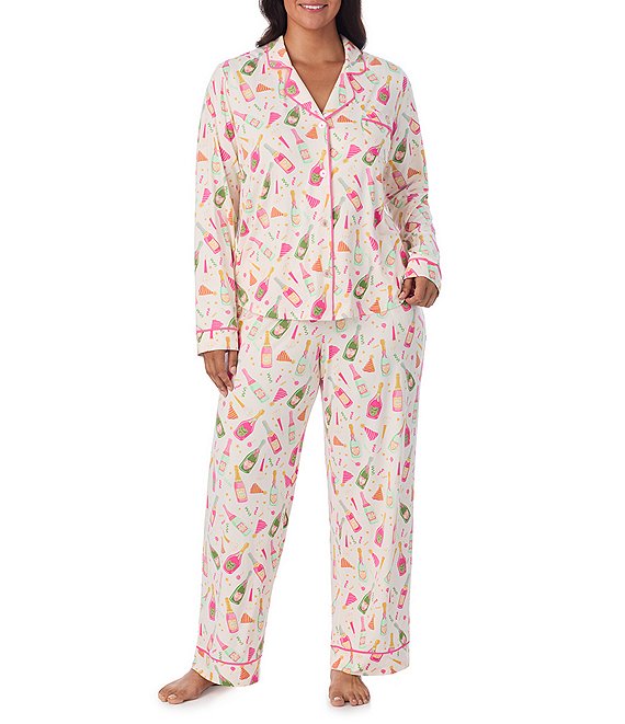 Room Service Plus Size Champagne Print Long Sleeve Notch Collar Knit Long Pajama Set, White/Print - Image 1