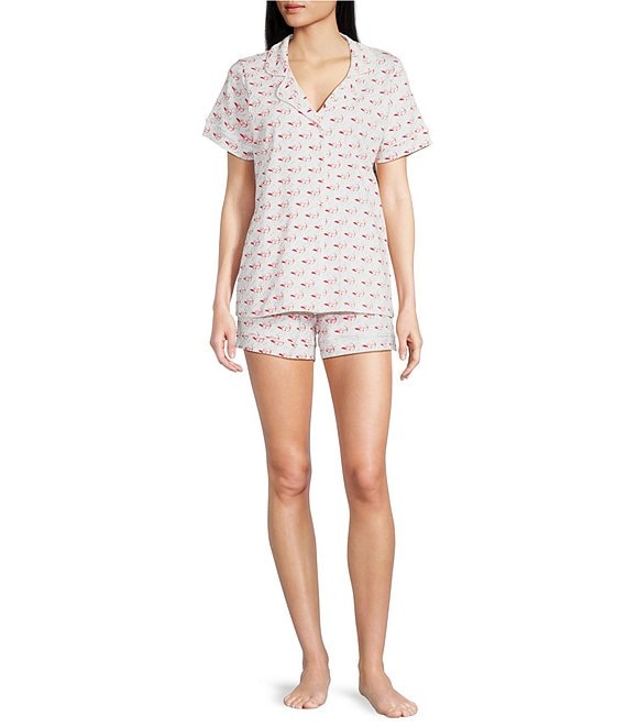 Ro's Garden Cora Short Sleeve Notch Collar Shorty Knit Cupid Print Pajama Set, Red - Image 1