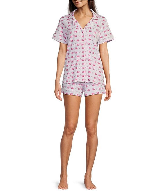 Ro's Garden Cora Short Sleeve Notch Collar Shorty Knit Elephant Print Pajama Set, Rose Elephants - Image 1