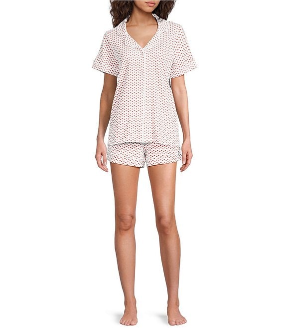 Ro's Garden Cora Short Sleeve Notch Collar Shorty Knit Heart Print Pajama Set, Red Hearts - Image 1