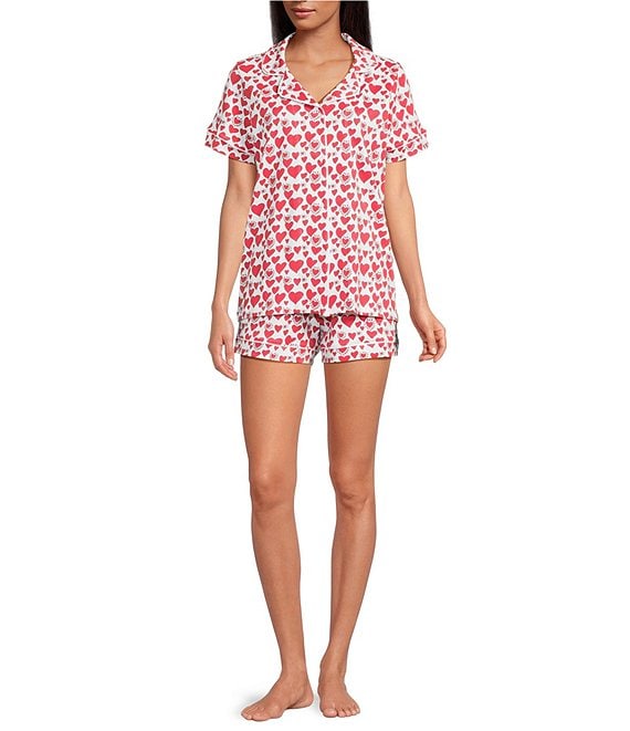 Ro's Garden Cora Short Sleeve Notch Collar Shorty Knit Heart Print Pajama Set, Red - Image 1
