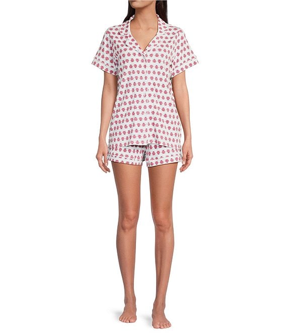 Ro's Garden Cora Short Sleeve Notch Collar Shorty Knit Love Bug Print Pajama Set, Pink Love Bug - Image 1