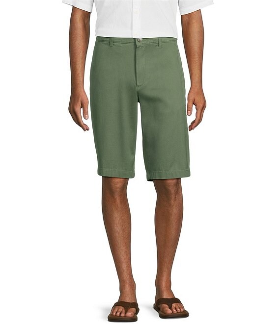 Color:Olive Green - Image 1 - Flat Front Stretch Washed 13#double; Inseam Chino Shorts