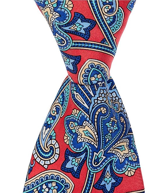 Roundtree & Yorke Cab Paisley-Printed 3 1/8#double; Traditional Silk Tie, Coral - Image 1