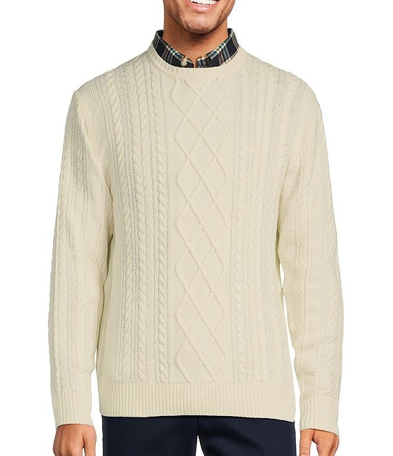 Roundtree & Yorke Long Sleeve Solid Cable Knit Crew Sweater