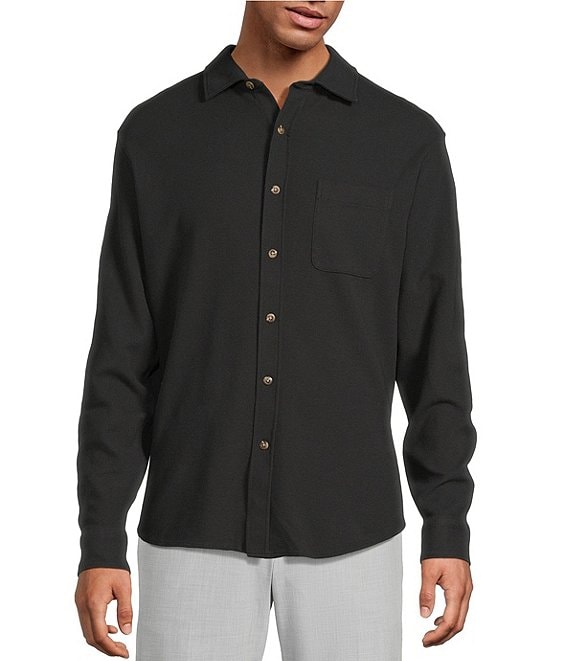 Roundtree & Yorke Long Sleeve Solid Waffle Coat Front Shirt, Black - Image 1