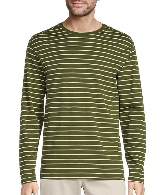 Color:Green - Image 1 - Long Sleeve Stripe Supima Crew Pullover