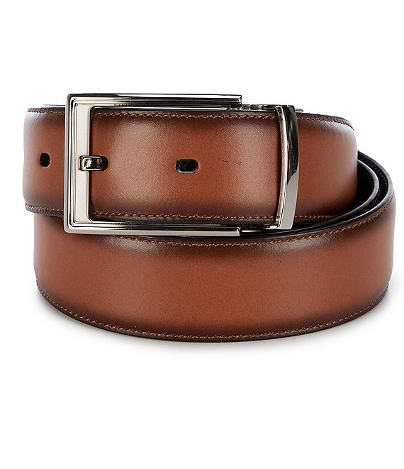 Color:Brown - Image 1 - Shiny Nickle Reversible Leather Belt