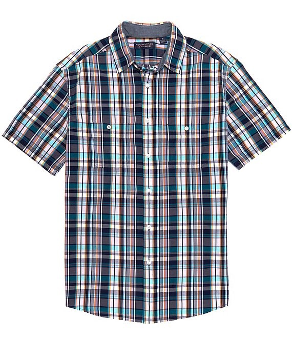 Roundtree & Yorke Short Sleeve Madras Plaid Point Collar Button Front ...