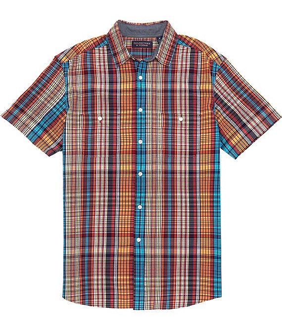 Roundtree & Yorke Short Sleeve Madras Plaid Button Front Sport Shirt ...