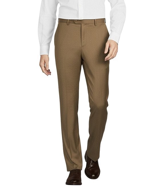 Roundtree & Yorke Luxury Gabardine Ultimate Comfort Straight Fit Flat Front Dress Pants, Khaki - Image 1