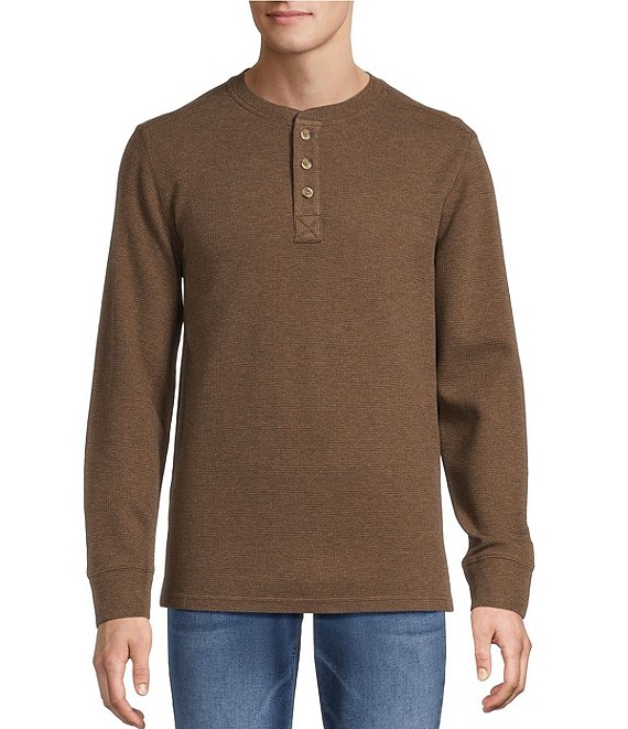 Rowm Long Sleeve Garment Washed Solid Waffle Henley Shirt, Brown - Image 1