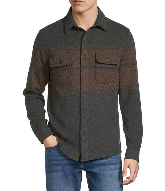 Rowm Long Sleeve Jacquard Chest Stripe Button Front Shirt